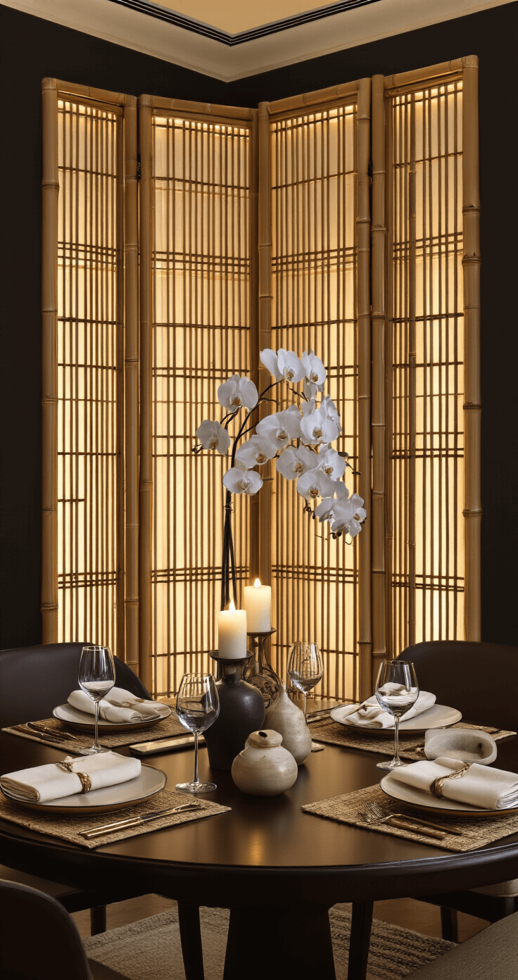 Budget-Friendly DIY Garden Fence Ideas: Protect Your Garden Without Breaking the Bank Sophisticated dining room with an elegant bamboo screen divider featuring integrated lighting, intimate dining areas, dark walnut table set with cream linens and earthy ceramic dinnerware, deep charcoal walls, and warm bamboo tones, enhanced by fresh orchids and metallic gold details in soft candlelit ambiance.