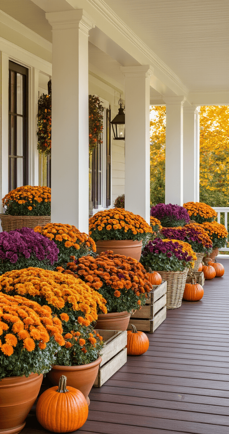 Creating Stunning Fall Flower Pots: Transform Your Front Porch This Autumn A warm front porch at golden hour, featuring a wide covered entryway with white columns, dark wood flooring, and an autumn display of oversized planters filled with vibrant mums, ornamental kale, and pansies, accented by mini pumpkins, wooden crates, and wicker baskets.