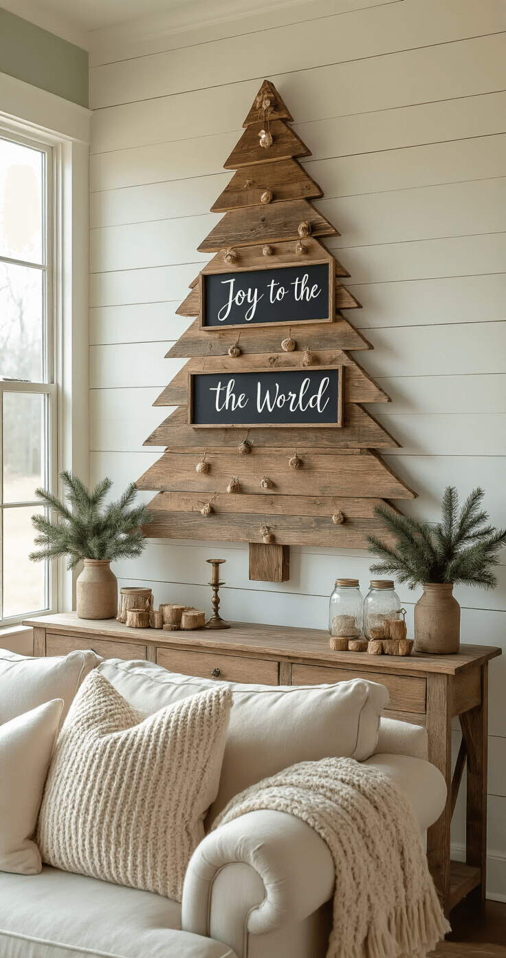 Rustic farmhouse living room featuring a reclaimed wood plank Christmas tree against a sage green shiplap wall, illuminated by golden hour sunlight, with wooden ornaments, a chalkboard message, and a weathered oak console table adorned with mason jars and vintage candlesticks.