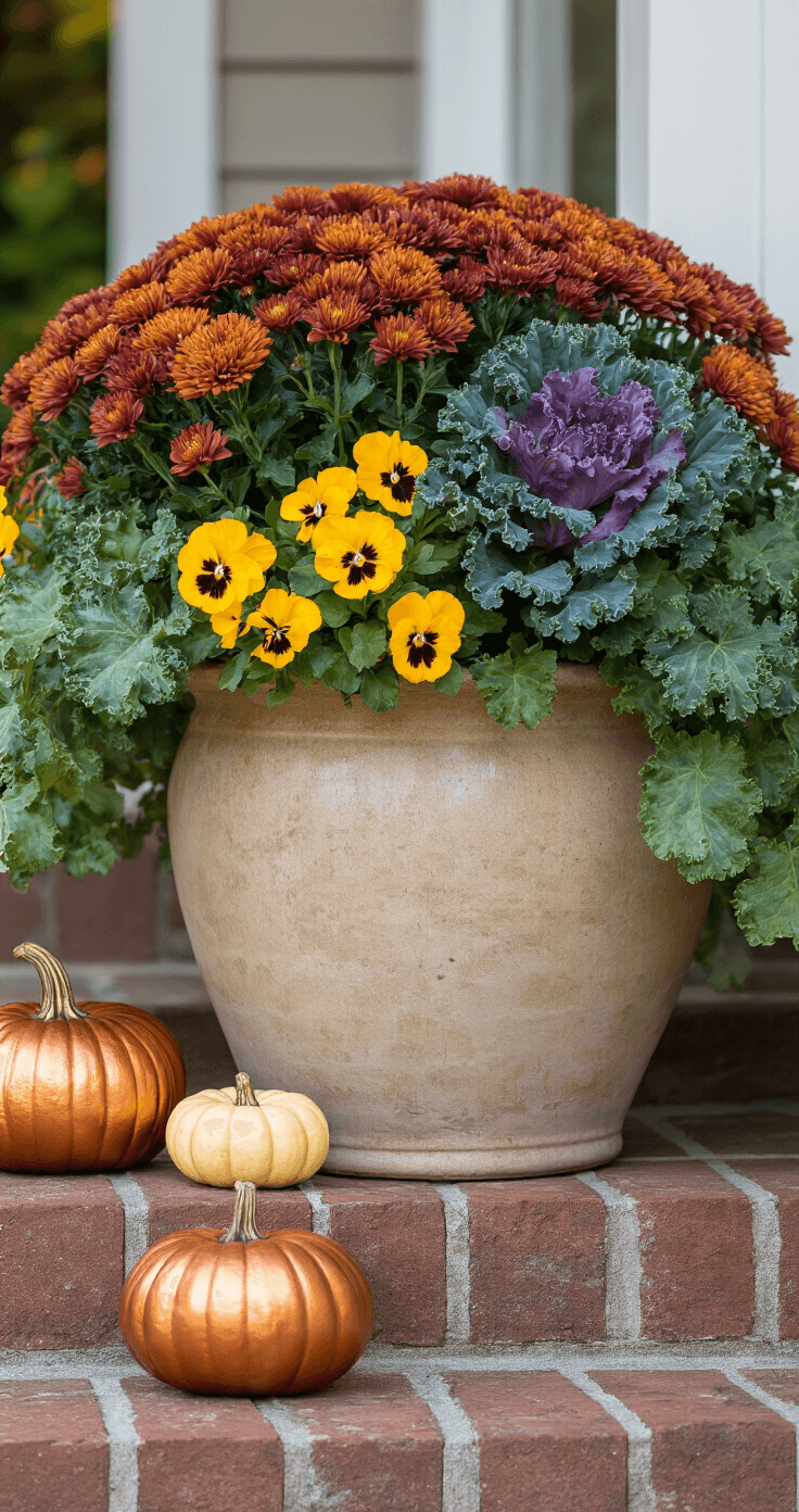 Creating Stunning Fall Flower Pots: Transform Your Front Porch This Autumn Close-up of a fall container garden on a front porch, featuring a large weathered ceramic planter with rust-colored mums, bushy ornamental kale, and cascading yellow pansies, surrounded by decorative mini pumpkins on aged brick steps, captured in soft morning light with shallow depth of field.