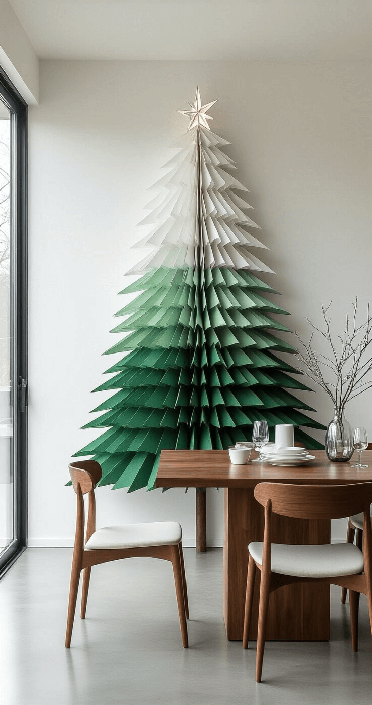 Modern minimalist dining room featuring a recycled cardboard Christmas tree in ombre green and white, mounted on a white wall above a walnut dining table with white ceramics, accented by metallic highlights, geometric brass candleholders, and a glass vase with white branches, all illuminated by crisp afternoon light.