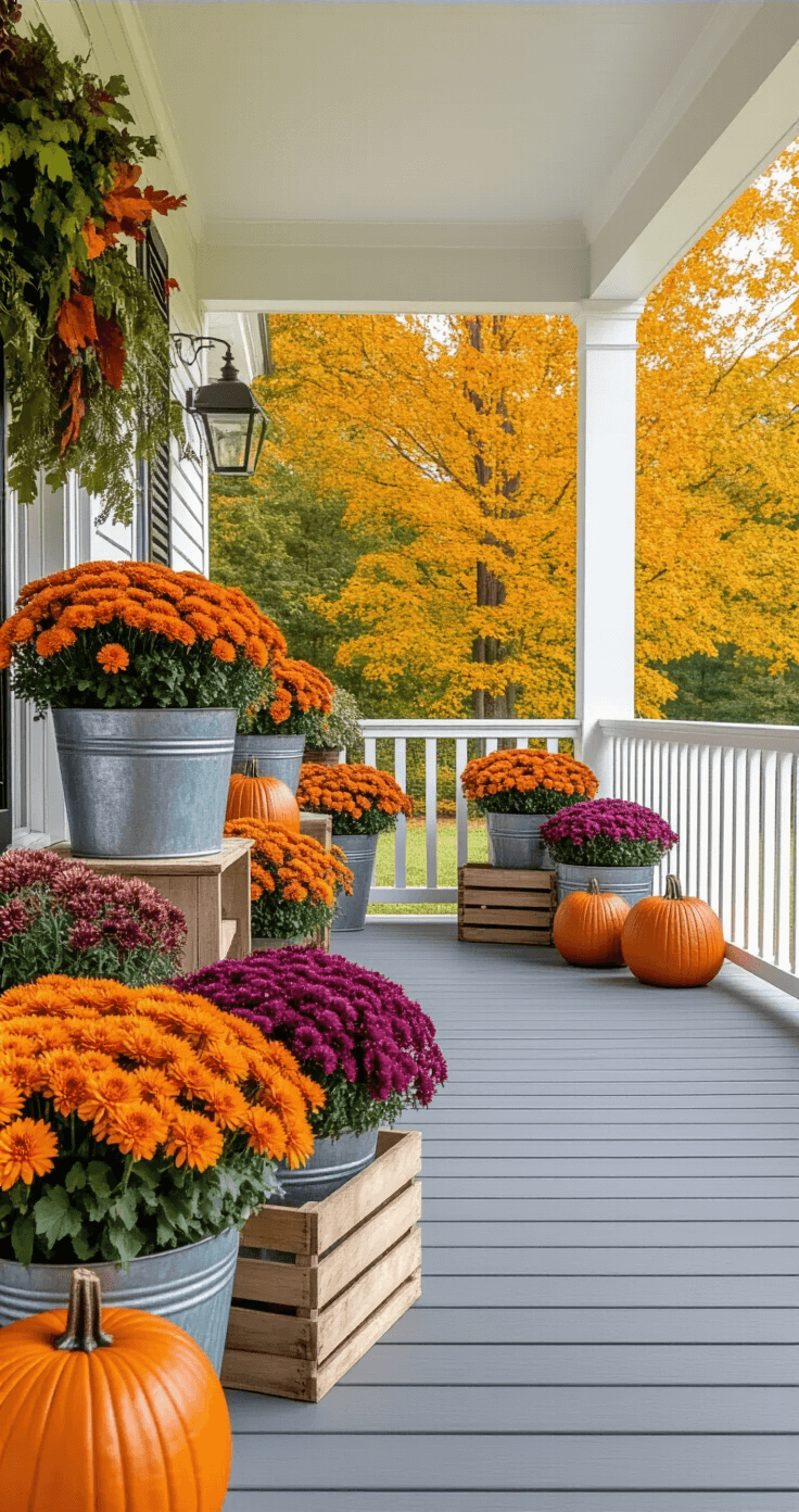 Creating Stunning Fall Flower Pots: Transform Your Front Porch This Autumn A spacious front porch decorated for fall, featuring repurposed containers filled with vibrant mums and ornamental kale, pumpkins, and burlap accents, all bathed in warm afternoon light.