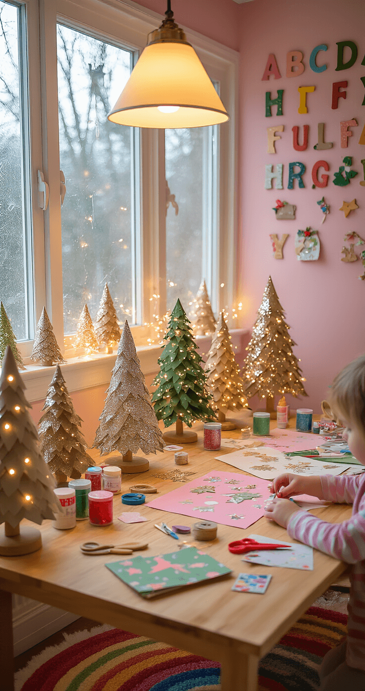 Charming children's bedroom holiday workshop with DIY Christmas tree projects, warm lighting, colorful crafting supplies, and completed paper trees displayed on the windowsill.