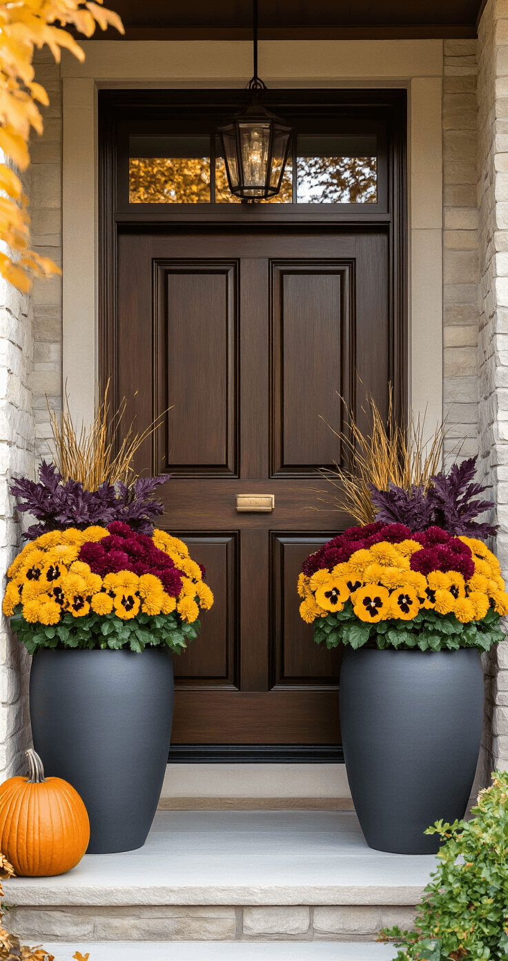 Creating Stunning Fall Flower Pots: Transform Your Front Porch This Autumn Elegant front entrance featuring premium fall container arrangements with dark wood door, charcoal gray ceramic planters, and autumn plants in deep burgundy, golden orange, and yellow under soft evening light.
