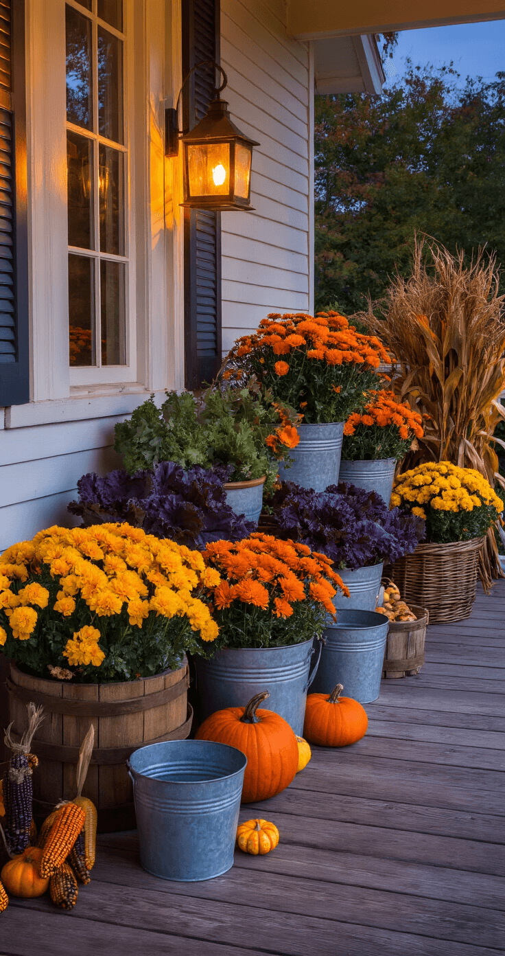 Creating Stunning Fall Flower Pots: Transform Your Front Porch This Autumn Cozy cottage-style porch corner at blue hour featuring vintage containers with fall flowers and seasonal decor, warm lighting, and a rustic color palette.