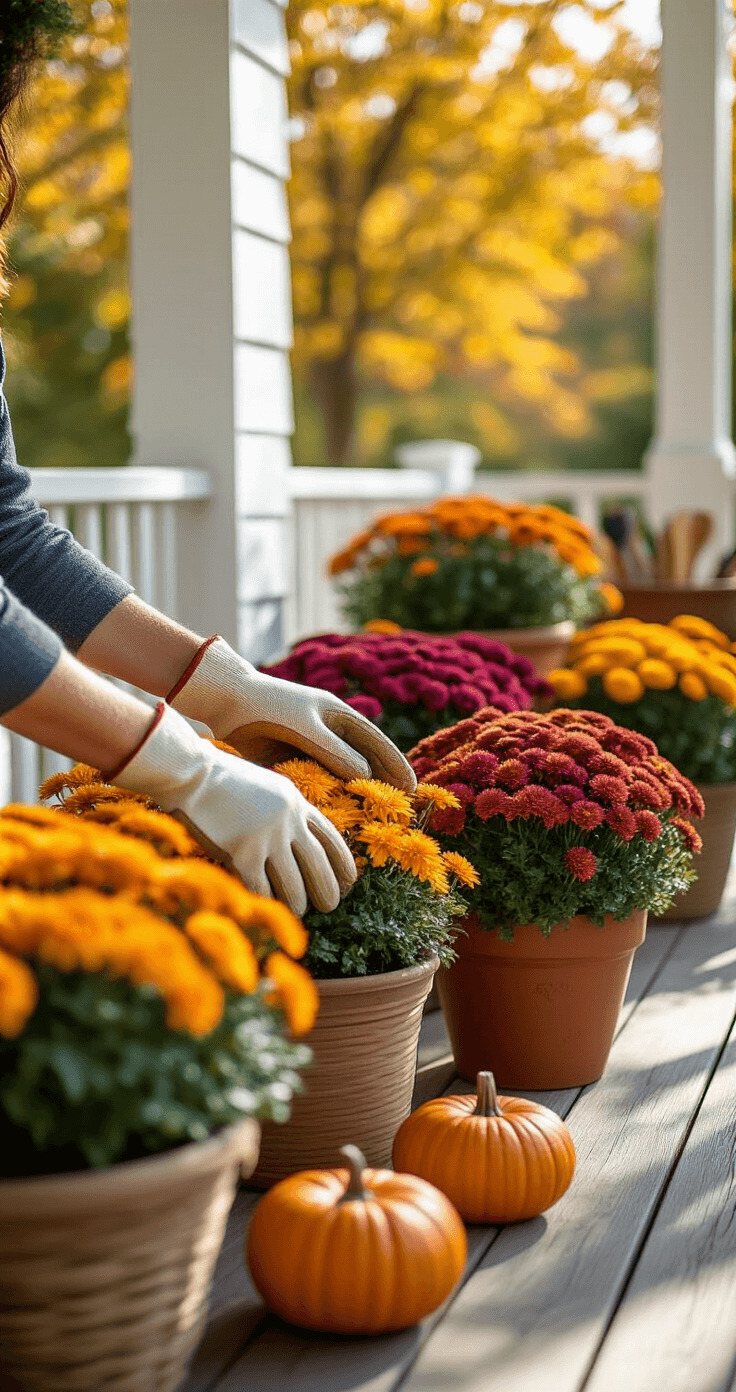 Creating Stunning Fall Flower Pots: Transform Your Front Porch This Autumn A gardener's hands in gloves tending to vibrant fall containers filled with mums and ornamental kale on a sun-drenched porch, surrounded by small pumpkins and gourds, featuring natural wood decking and white trim.