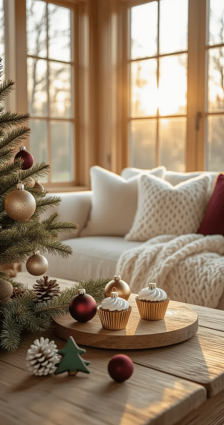 Cozy living room with warm golden hour sunlight illuminating a rustic wooden coffee table adorned with handmade Christmas ornaments, including metallic cupcake liner ornaments and white pinecones dusted with glitter, alongside a cream linen sofa and chunky knit throw blankets.