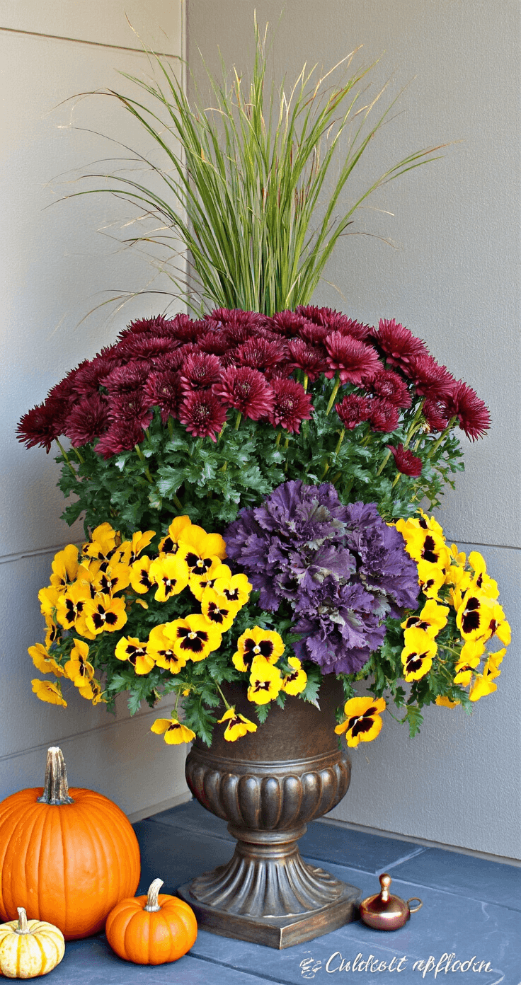Creating Stunning Fall Flower Pots: Transform Your Front Porch This Autumn A macro shot of a stunning autumn floral arrangement featuring tall bronze mums, ornamental kale in purple and green, and cascading yellow pansies, set on a slate porch adorned with mini pumpkins and copper accents, all emphasized by dramatic side-lighting.