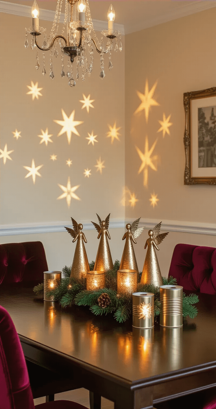 Elegant dining room with ambient evening lighting, featuring an upcycled Christmas centerpiece on a dark walnut table, metallic gold angel decorations, glowing tin can luminaries, rich burgundy velvet chairs, and a crystal chandelier, creating a warm, sophisticated holiday atmosphere.