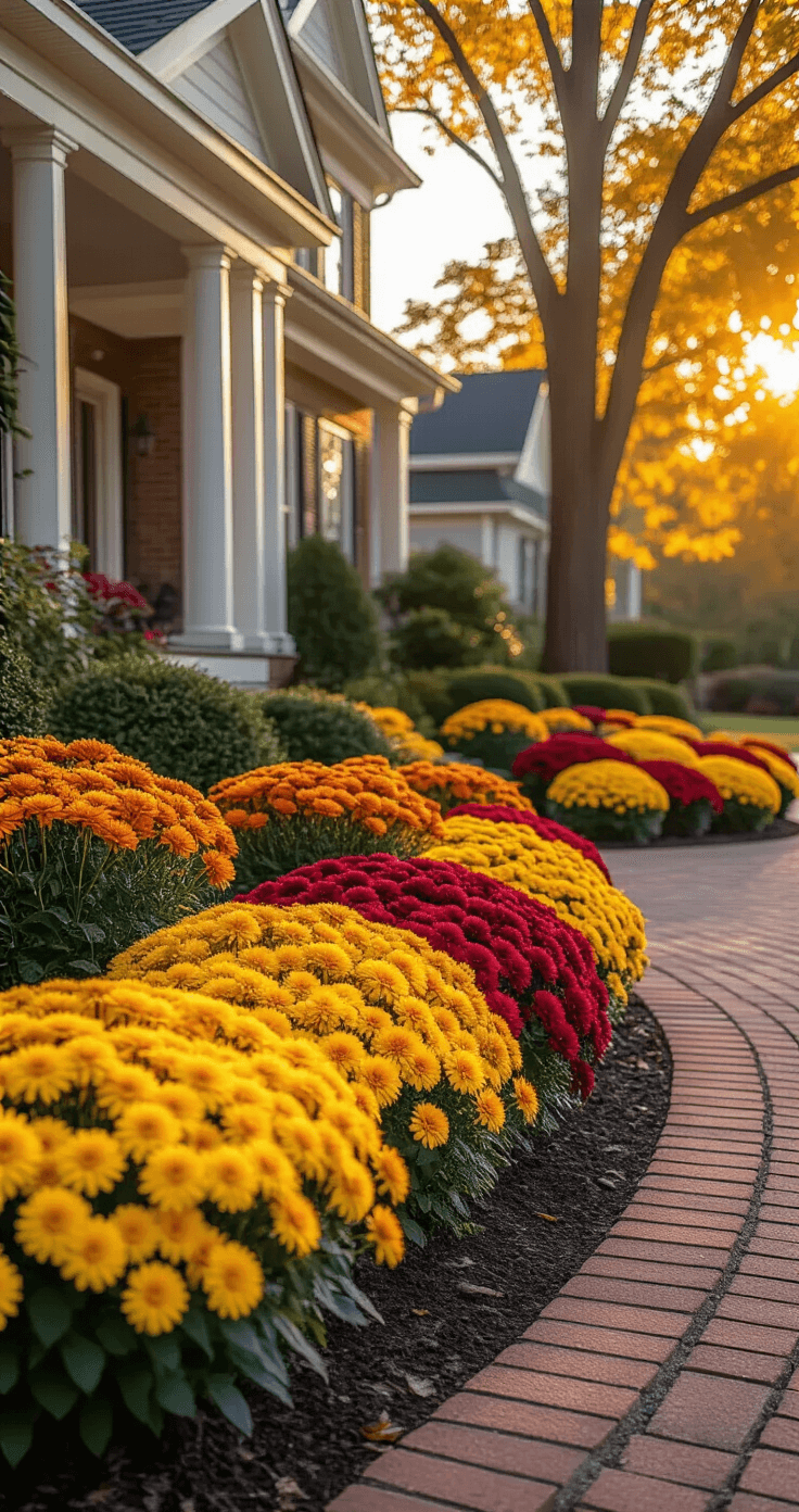 Fall Flower Beds: Create a Stunning Autumn Welcome for Your Home A beautifully landscaped front yard flower bed adorned with vibrant yellow, orange, and red hardy mums, captured during golden hour. The scene features a curved brick pathway leading to a traditional porch, with warm autumn lighting and shadows enhancing the rich colors. Mature oak trees filter golden sunlight, creating a welcoming ambiance.