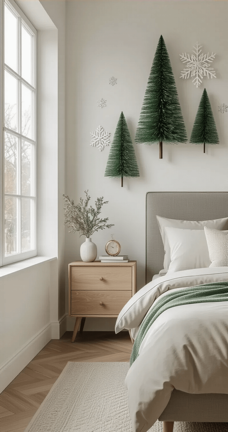 Modern bedroom interior featuring sophisticated Christmas wall art in green hues above a minimalist nightstand, with delicate paper snowflakes cascading down a nearby wall, natural oak floors, and a plush gray headboard, all bathed in soft afternoon light.