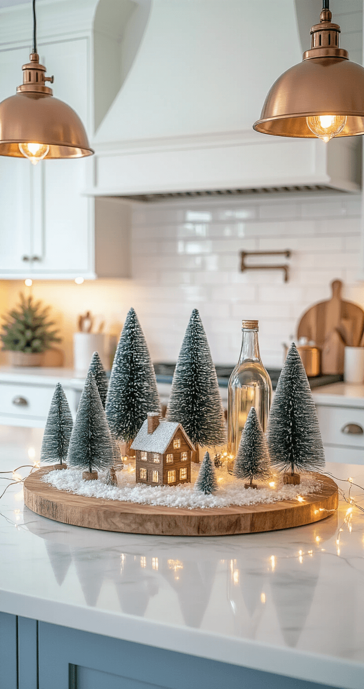 Charming kitchen scene at blue hour showcasing a bottle brush tree village centerpiece on a reclaimed wood island, surrounded by miniature evergreen trees dusted with snow, warm fairy lights, and reflections on mirror tiles, with rustic and modern elements creating a cozy holiday ambiance.