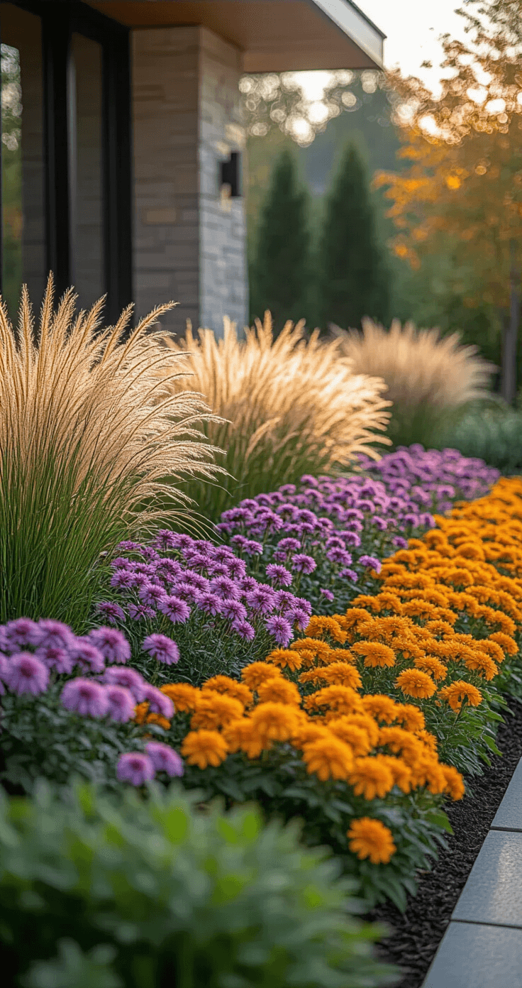 Fall Flower Beds: Create a Stunning Autumn Welcome for Your Home A layered fall garden bed in soft morning light, featuring tall ornamental grasses and shrubs in the back, medium-height purple and pink asters in the middle, and low-growing golden marigolds in front, with a contemporary home entrance in the background.