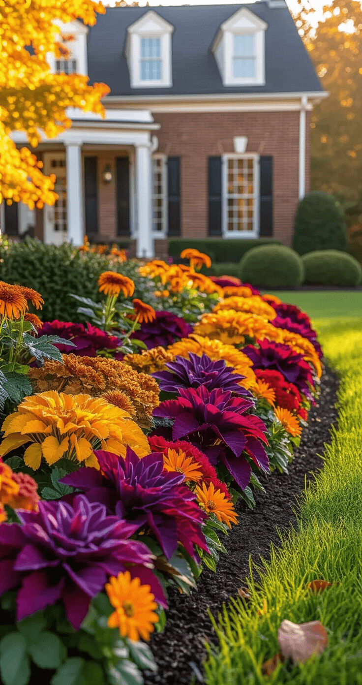 Fall Flower Beds: Create a Stunning Autumn Welcome for Your Home A vibrant autumn flower bed featuring deep reds, golds, oranges, and rich purples, accented by ornamental kale, against the backdrop of a brick colonial home with white trim. The scene is illuminated by warm afternoon sunlight, emphasizing the lush textures and seasonal beauty.