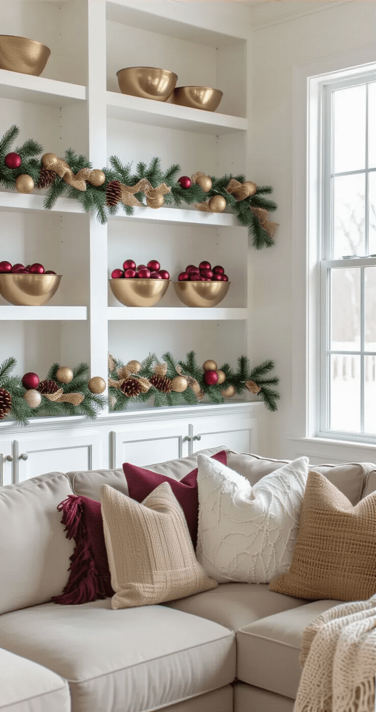 Festive family room with built-in white shelving showcasing budget-friendly Dollar Tree Christmas decorations, featuring metallic bowls with burgundy and gold ornaments, handmade garlands of artificial pine and burlap ribbon, and a warm taupe sectional sofa, all illuminated by natural daylight.