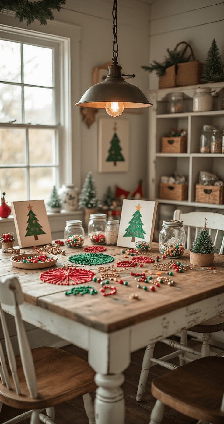 A cozy craft room scene bathed in warm evening light, featuring a rustic farmhouse table cluttered with colorful pipe cleaner shapes, wooden beads, and jingle bells, along with completed beaded ornaments and mini canvas paintings of Christmas trees. Mason jar snow globes filled with glitter add a magical touch, while inviting pendant lighting enhances the creative atmosphere, showcasing both finished projects and works in progress in a charming, organized workspace.