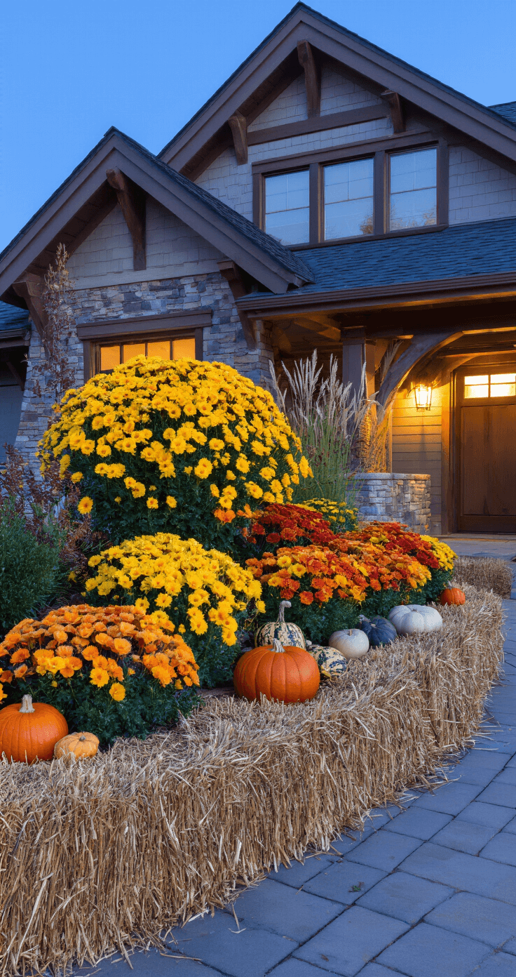 Fall Flower Beds: Create a Stunning Autumn Welcome for Your Home A fall flower bed adorned with pumpkins and gourds, illuminated during the blue hour with subtle landscape lighting, featuring a craftsman-style home backdrop and hay bale borders, showcasing rich textures and a dramatic diagonal perspective.