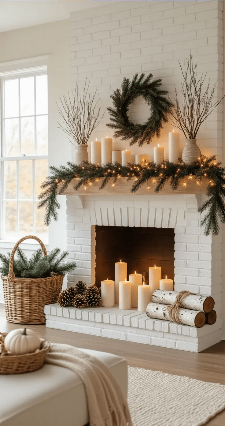 Natural Christmas Decor That Actually Makes Your Home Feel Like a Winter Wonderland Photorealistic cozy living room with a white brick fireplace, styled mantel featuring natural Christmas decor, warm amber lighting, and layered textures of evergreen sprigs, white candles, birch logs, pinecones, and dried orange slices.
