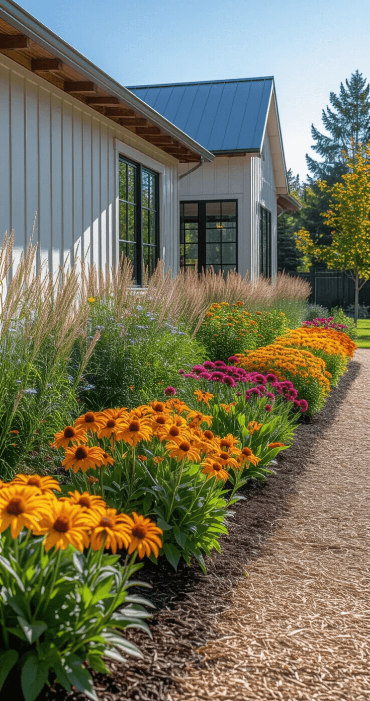 Fall Flower Beds: Create a Stunning Autumn Welcome for Your Home A bright midday scene of a practical fall garden bed featuring drought-resistant native plants, designed for low maintenance. The garden is located alongside a modern farmhouse with board and batten siding and metal roofing, showcasing fall-blooming perennials in full sun with well-drained soil, clear mulch pathways, and thoughtful plant spacing for visual impact and sustainability.