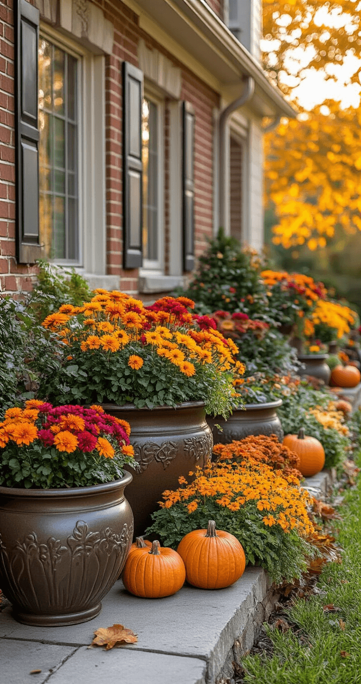 Fall Flower Beds: Create a Stunning Autumn Welcome for Your Home A budget-friendly fall flower bed upgrade featuring large decorative pots filled with seasonal annuals, gourds, and natural elements, set against a traditional home with painted brick and decorative shutters, captured in warm afternoon light.