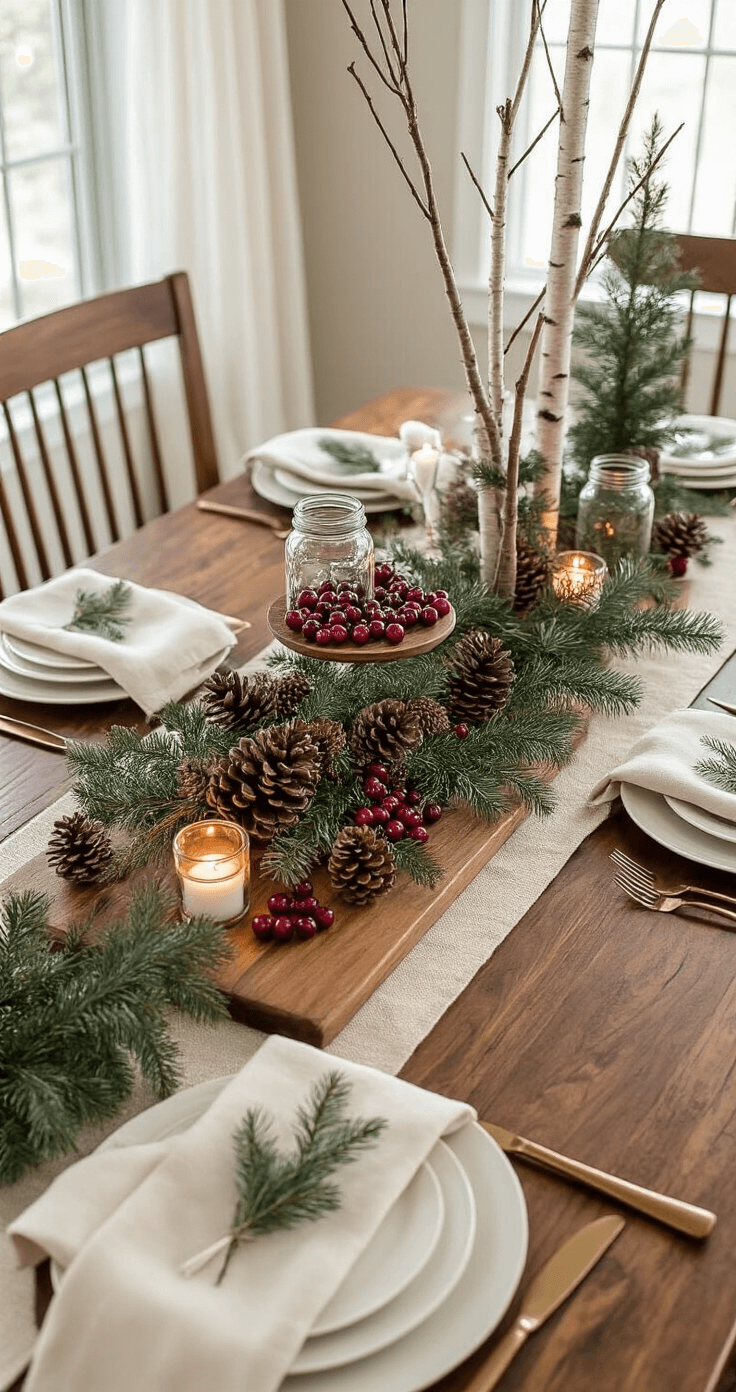 Natural Christmas Decor That Actually Makes Your Home Feel Like a Winter Wonderland Elegant dining room with a walnut farmhouse table adorned with a natural Christmas centerpiece of pinecones, cranberries, evergreen sprigs in mason jars, and tall birch branches, illuminated by warm candlelight and soft pendant lighting.