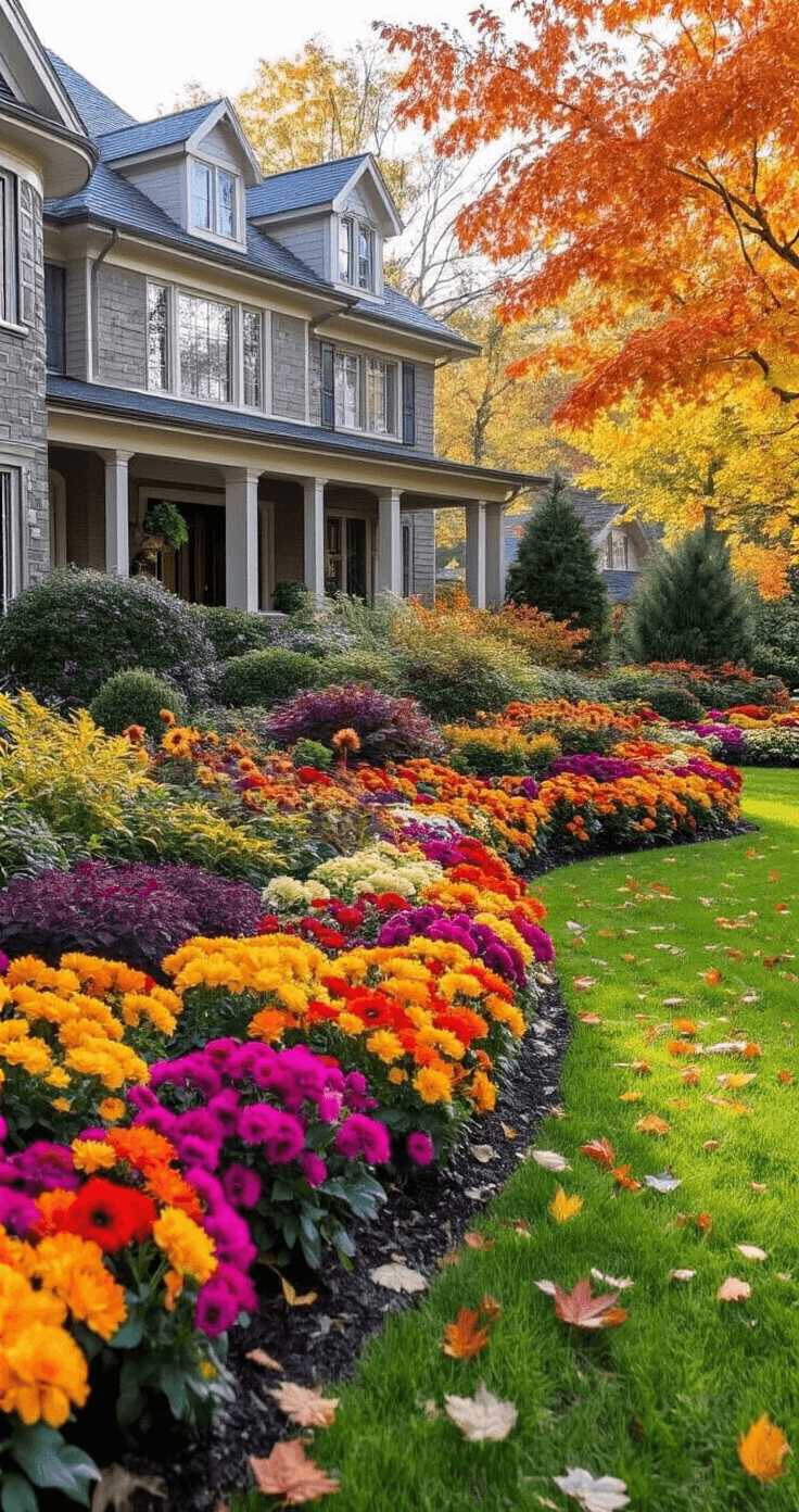 Fall Flower Beds: Create a Stunning Autumn Welcome for Your Home A vibrant autumn flower bed in front of a beautifully maintained home, showcasing a harmonious blend of fall flowers with layers of color, texture, and height, all lit by filtered sunlight through changing leaves.