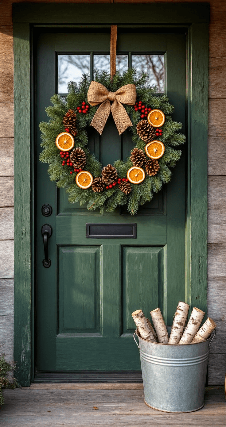 Natural Christmas Decor That Actually Makes Your Home Feel Like a Winter Wonderland Stunning Christmas wreath made of fresh fir, pinecones, and dried orange slices, hanging on a deep forest green wooden door with black iron hardware, surrounded by a rustic porch setting.