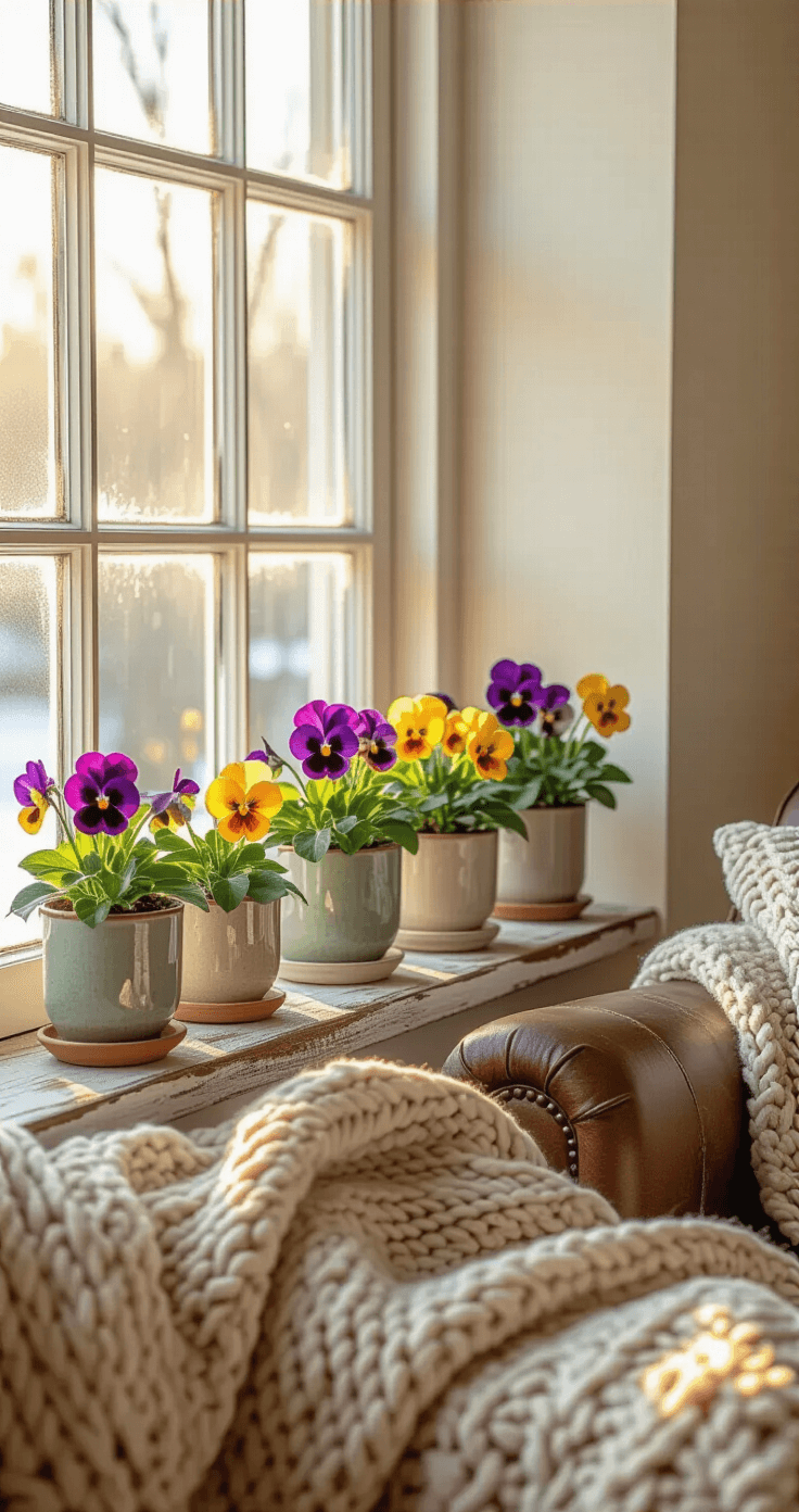 Cozy winter living room corner featuring a weathered wooden windowsill with purple and yellow pansies in mismatched ceramic planters, soft sunlight through frost-kissed windows, a vintage leather armchair with a chunky knit throw, and a muted winter color palette of ivory, sage green, and dusty lavender.