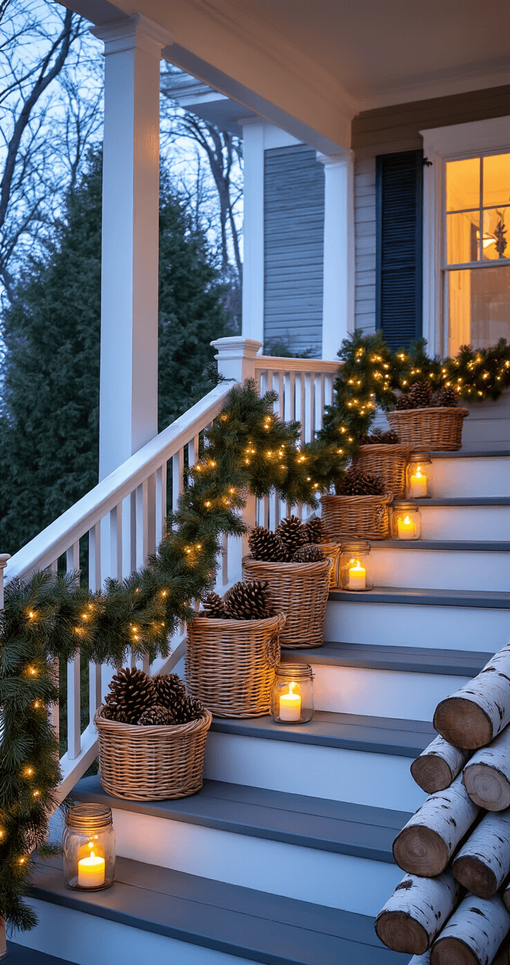 Natural Christmas Decor That Actually Makes Your Home Feel Like a Winter Wonderland A cozy winter wonderland scene featuring a wrap-around porch adorned with evergreen garlands and wicker baskets filled with pinecones, illuminated by vintage mason jars with candles. The setting captures a warm glow against the cool twilight backdrop, with stacked birch logs adding rustic charm.