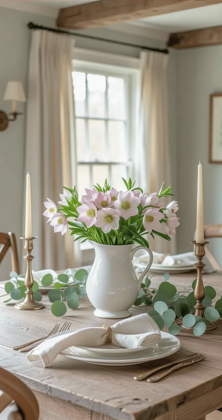 Elegant dining room vignette featuring delicate pink and white hellebores in a vintage white ceramic pitcher on a reclaimed oak table, surrounded by brass candlesticks, a folded sage green linen napkin, and eucalyptus branches, captured in soft morning light.