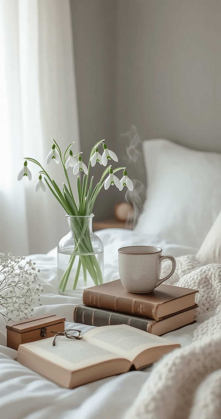 A dreamy bedroom nightstand scene at dawn, featuring delicate white snowdrops in a glass vase, vintage books, a steaming mug, and sheer curtains diffusing soft sunlight across dove-gray walls and white bedding. The tranquil arrangement includes dried baby's breath, a wooden trinket box, and reading glasses, all set in an ethereal color palette of pearl white, soft gray, and warm cream.