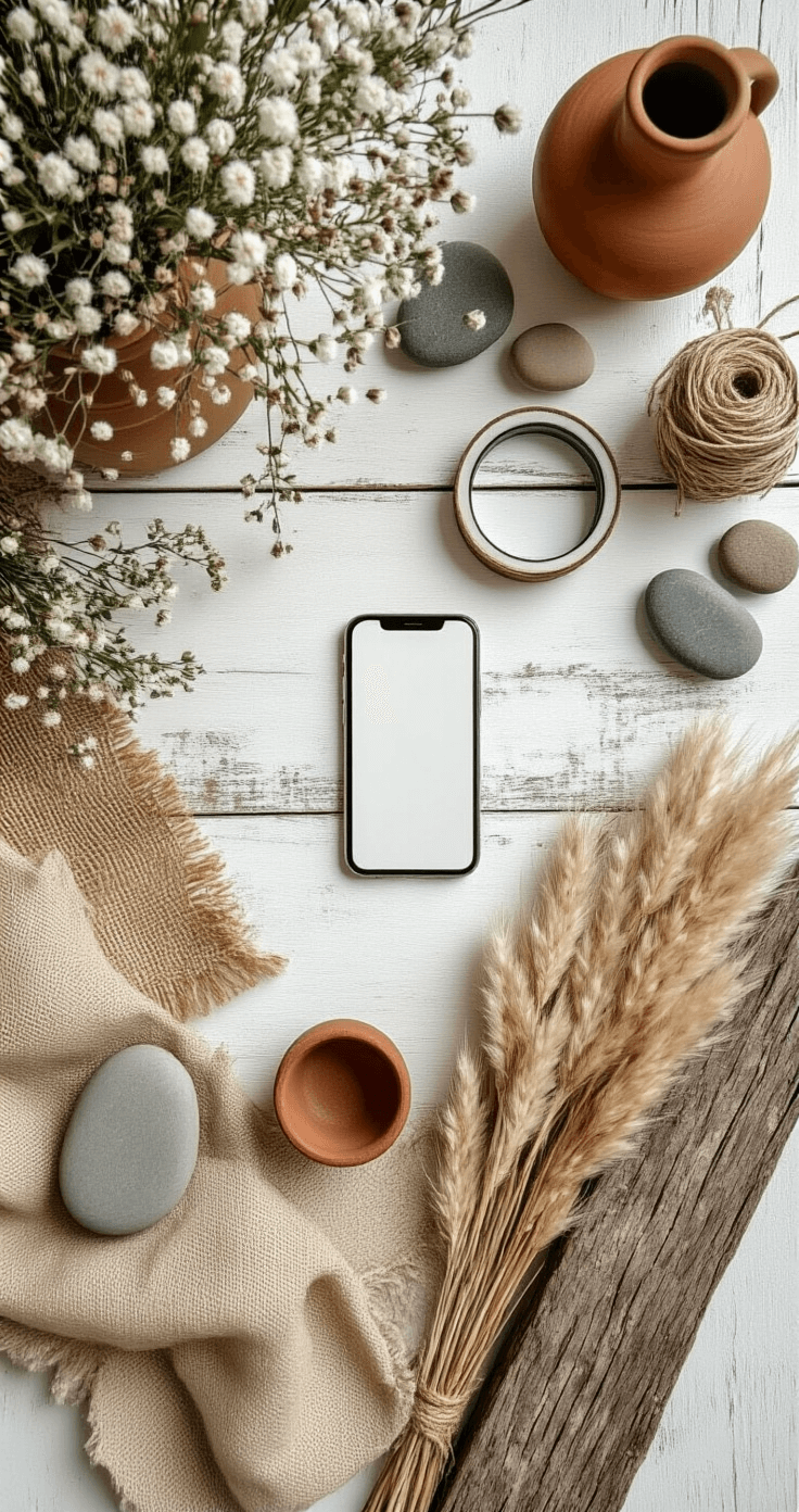 Flat lay of a rustic kitchen scene featuring winter flower photography tools on a distressed white wooden surface, including a ring light, smartphone, vintage ceramic vessels, and freshly cut winter blooms, surrounded by burlap fabric, river stones, and terracotta pots, all in earthy colors of terracotta, cream, and muted sage green, with even, diffused natural lighting.