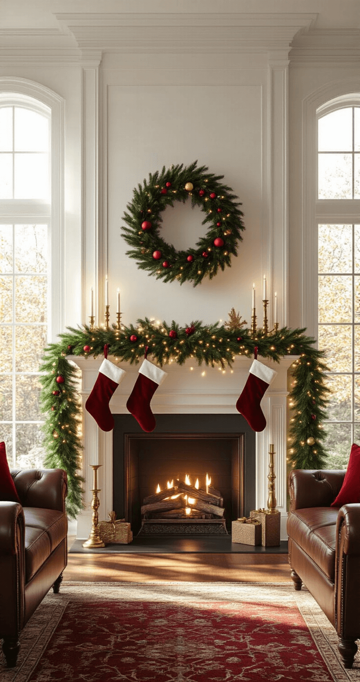 Christmas Mantel Decor That Will Make Your Guests Stop and Stare Photorealistic wide-angle shot of a Christmas mantel adorned with deep red velvet stockings, brass candlesticks, and a lush evergreen garland, illuminated by golden hour sunlight in a spacious living room with high ceilings and mahogany furniture.