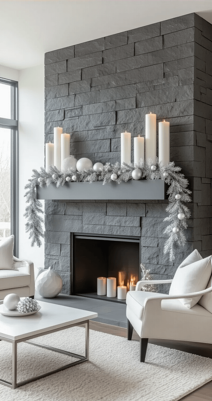 Christmas Mantel Decor That Will Make Your Guests Stop and Stare Crisp architectural photograph of a modern minimalist Christmas mantel with geometric lines, illuminated by natural light, featuring white ceramic vessels, silver garland, oversized white pillar candles, and monochromatic decor against a charcoal gray stone fireplace.