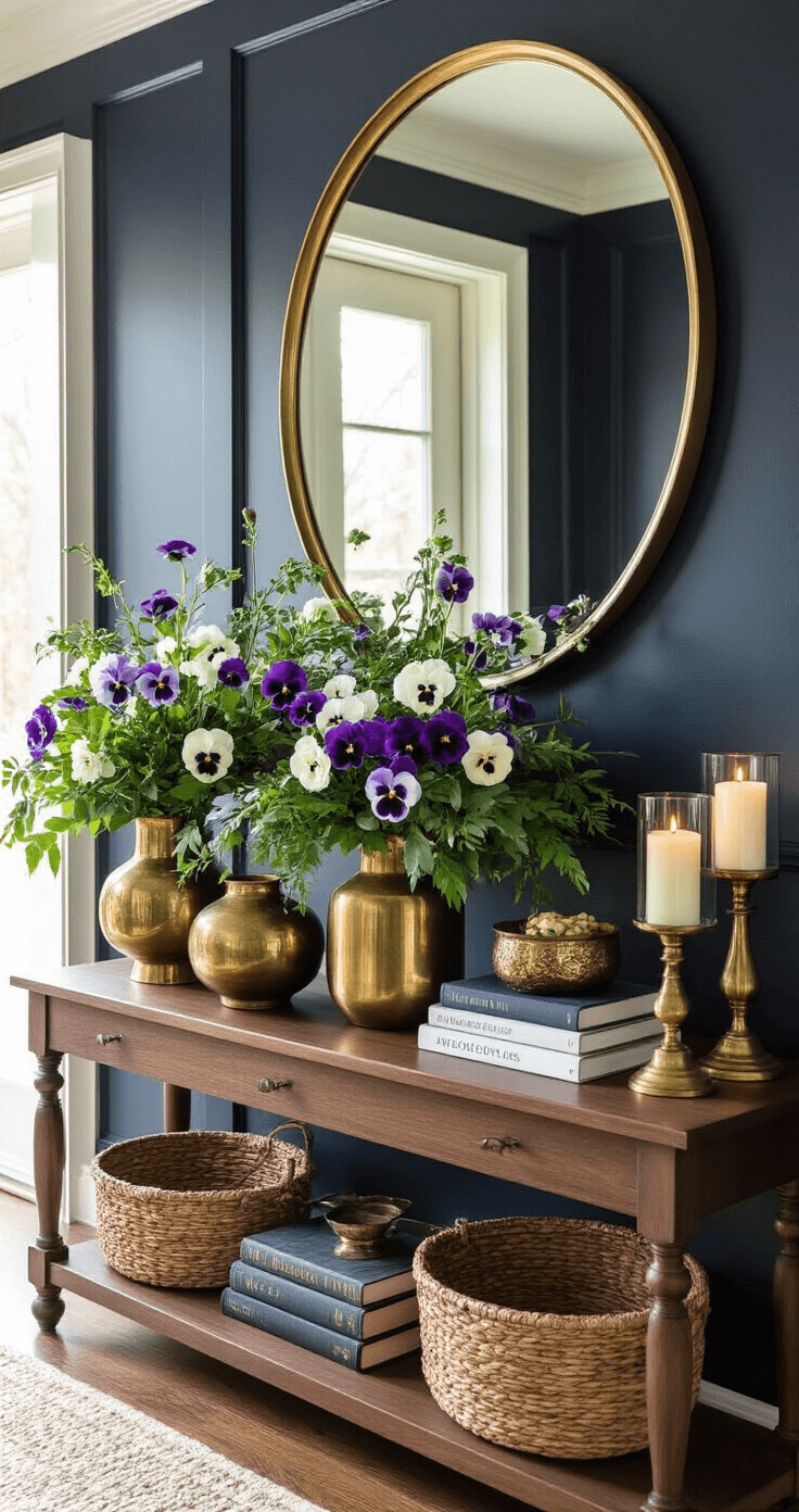 A stylish entryway console adorned with a curated winter flower arrangement of purple pansies and white hellebores in vintage brass and ceramic vessels, set against dark navy walls and a large circular mirror, featuring a floating walnut console and layered decor items like coffee table books and pillar candles.