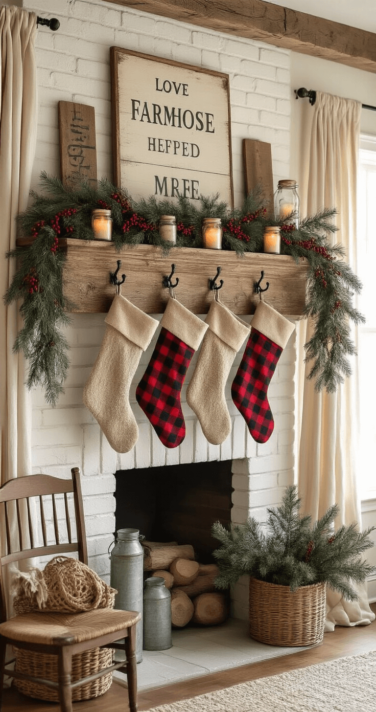 Christmas Mantel Decor That Will Make Your Guests Stop and Stare Cozy rustic farmhouse mantel adorned with buffalo plaid stockings, mason jar luminaries, and natural greenery, all softly illuminated by morning light.