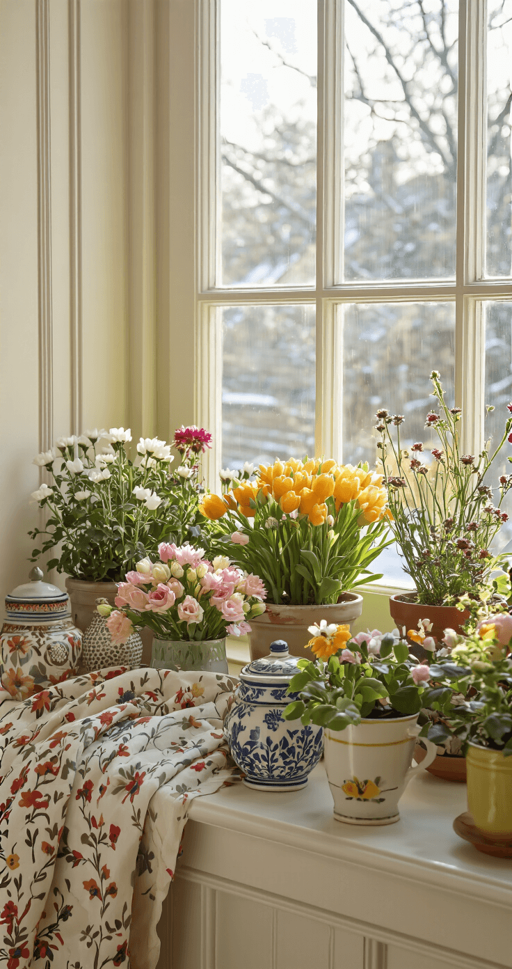 A cluttered windowsill garden in winter light displaying common design mistakes, including overcrowded flower arrangements, clashing colors, and harsh shadows, with competing elements and unflattering overhead lighting.