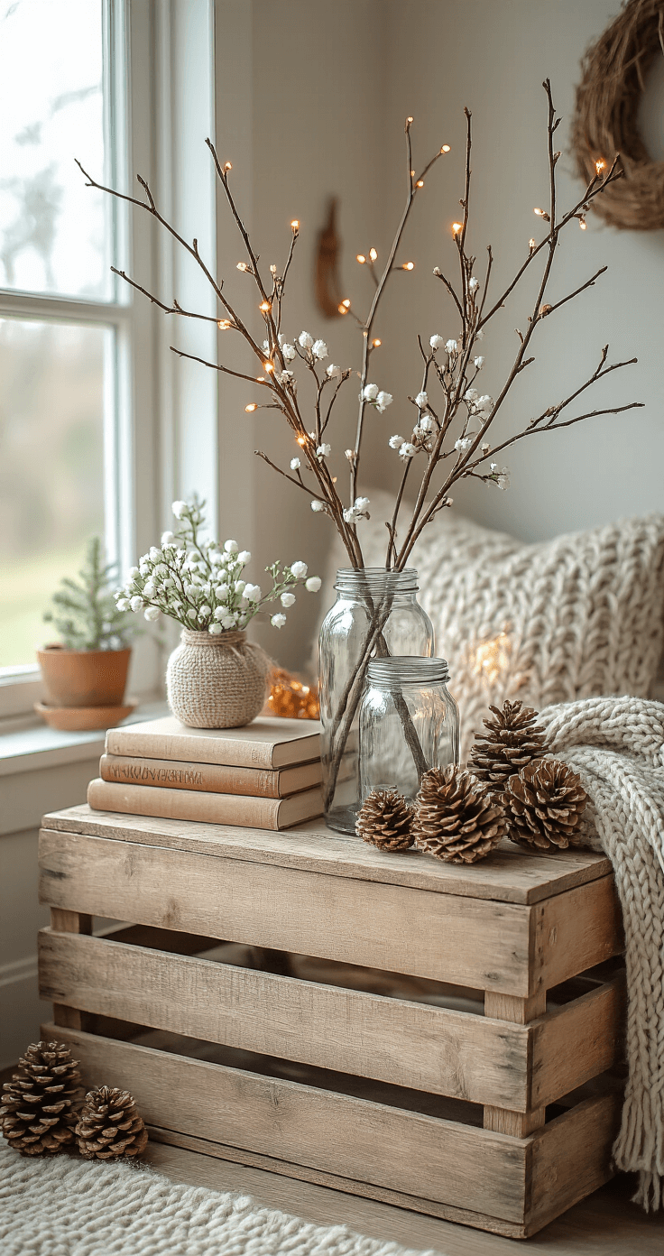A cozy DIY winter decor setup featuring foraged branches, repurposed glass jars, and small blooms on a rustic wooden crate, accented with vintage books, a handknit scarf, copper fairy lights, and pinecones, all bathed in warm golden afternoon light.