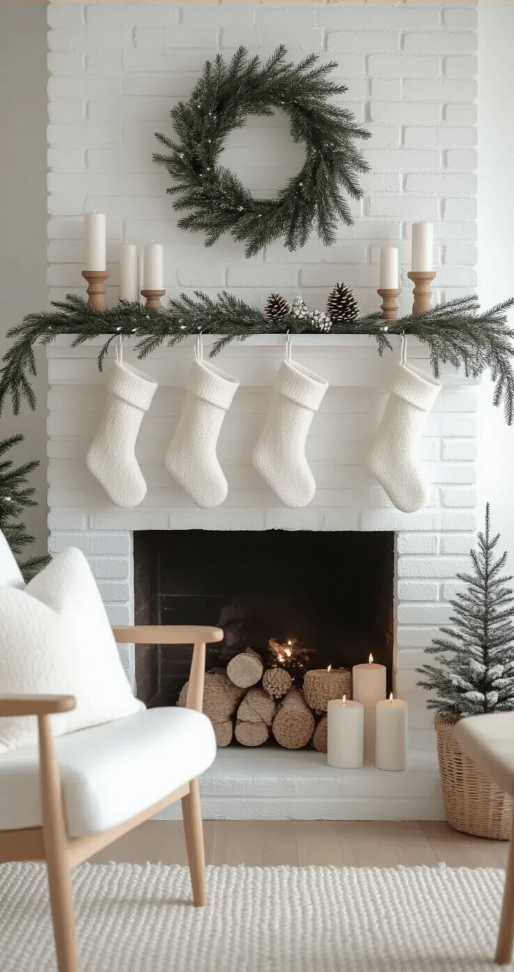 Christmas Mantel Decor That Will Make Your Guests Stop and Stare A serene Scandinavian-inspired Christmas mantel featuring a white-washed brick fireplace, minimalist decor with birch branches and white pillar candles, pure white wool stockings, and sparse evergreen sprigs, illuminated by warm micro-lights, surrounded by clean-lined natural oak furniture in a soft sage palette.