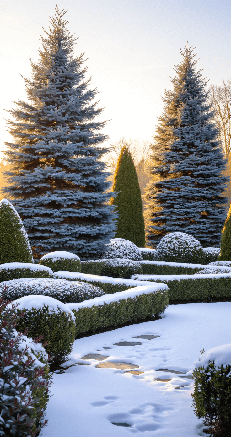 A serene winter garden featuring towering Blue Spruce and manicured Boxwood shrubs, with long purple shadows cast by the low winter sun on pristine snow, a stone pathway partially visible beneath the snow, and heather patches adding burgundy-purple undertones, captured in soft directional lighting.