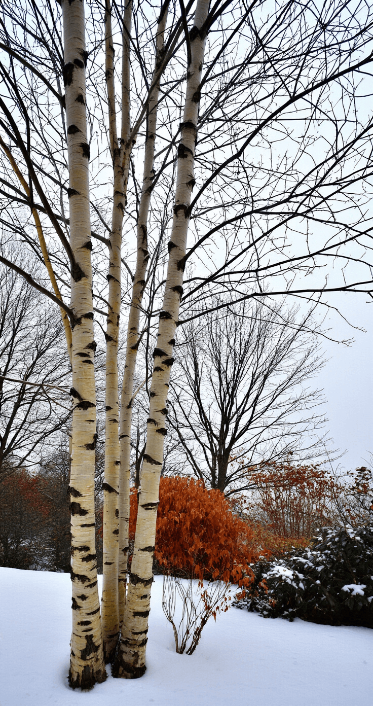 Intimate winter garden scene featuring bare branch silhouettes against a gray sky, showcasing textured Paper Birch bark with white peeling strips, Japanese Maple's delicate branch patterns casting shadows on the snow, and Crape Myrtle's cinnamon-colored bark, all captured in soft diffused light.