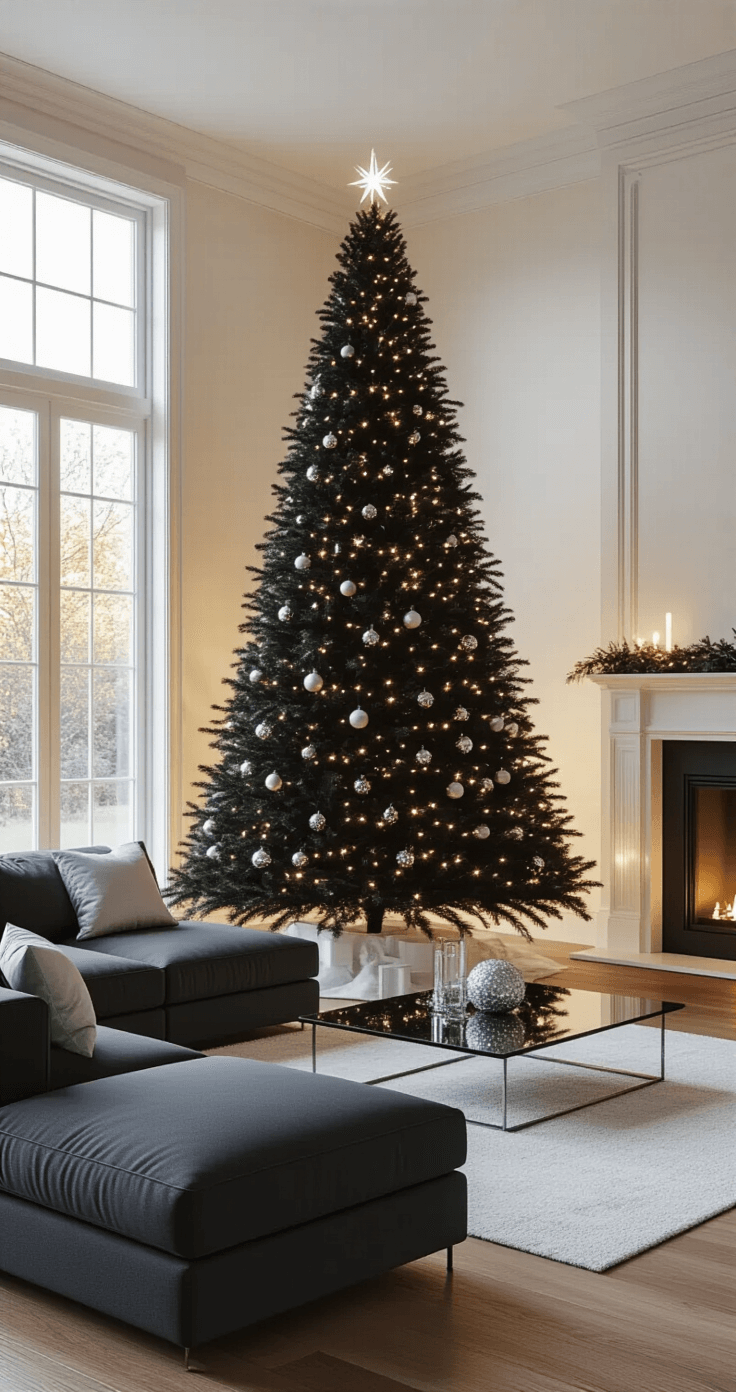 Black Christmas Trees: How I Created the Most Dramatic Holiday Display Ever Photorealistic interior of a modern living room featuring a dramatic 7-foot black Christmas tree adorned with silver ornaments and LED lights, warm evening light illuminating cream walls and hardwood floors, a charcoal sectional sofa with silver pillows, and a contemporary fireplace.