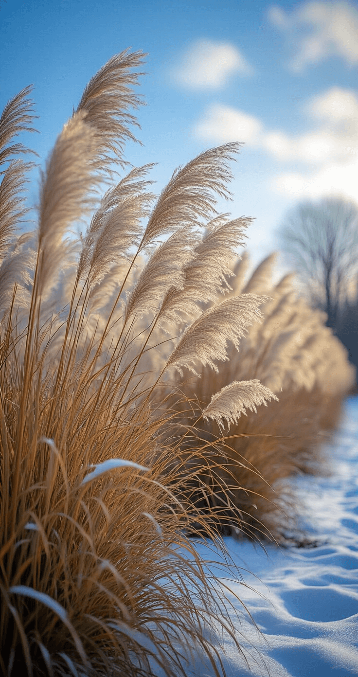 Dynamic winter landscape with tall Miscanthus clumps and contrasting burgundy Panicum foliage, captured from a low angle to emphasize height, featuring ornamental grasses swaying in a gentle breeze, dusted with fresh snowfall, illuminated by soft winter sunlight.
