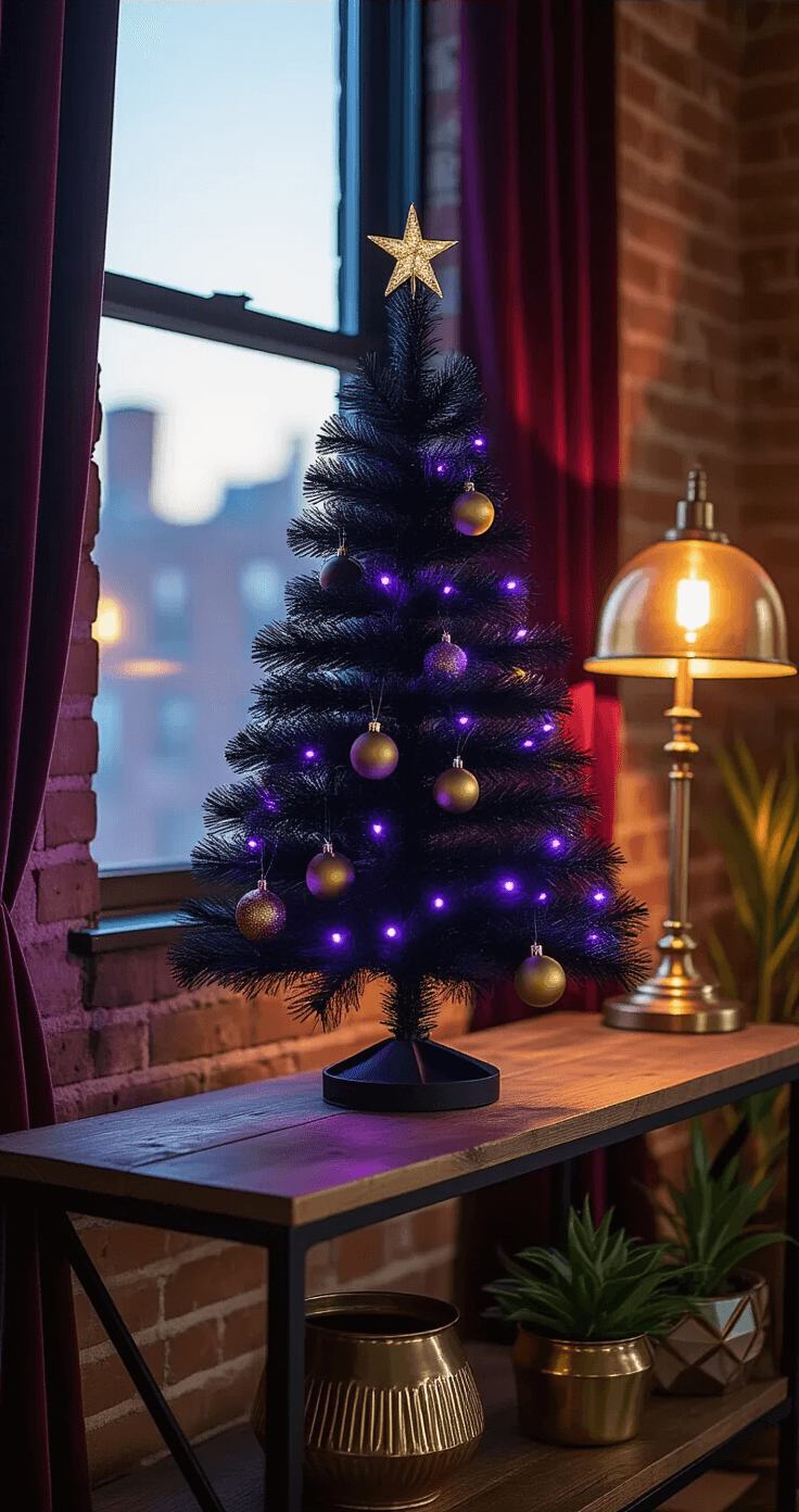 Black Christmas Trees: How I Created the Most Dramatic Holiday Display Ever Intimate close-up of a 17-inch black Christmas tree adorned with soft purple LED lights and gold ornaments, set in a cozy apartment with exposed brick walls, vintage brass lamp, reclaimed wood console table, and rich burgundy velvet curtains framing a window, all captured in moody twilight.