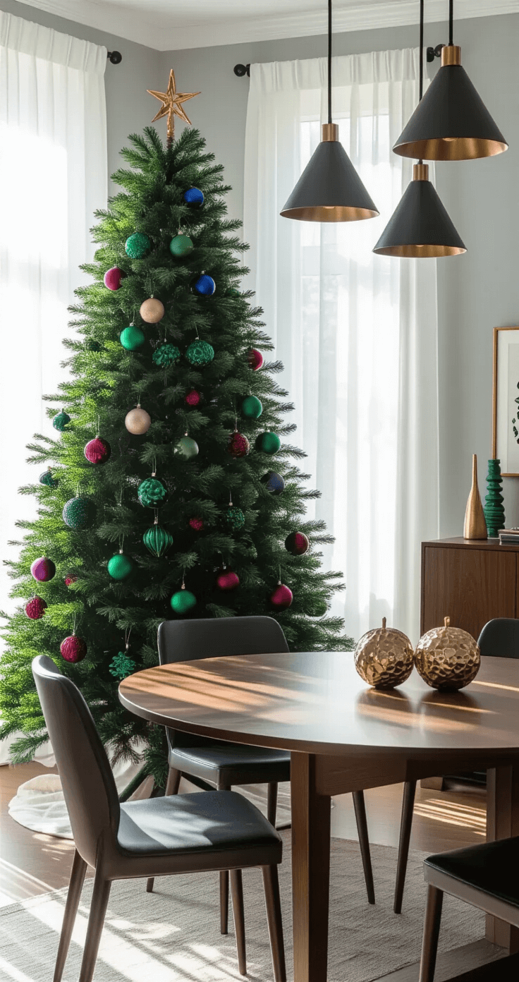 Black Christmas Trees: How I Created the Most Dramatic Holiday Display Ever Spacious dining room with a slim black Christmas tree adorned with jewel-tone ornaments, bright morning light streaming through sheer white curtains, modern walnut dining table with brass accents, contemporary pendant lights above, minimalist sideboard with geometric decorations, and soft gray walls as a neutral backdrop.