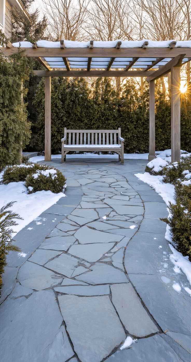 Sophisticated winter garden scene featuring a curved stone pathway leading to a weathered cedar bench beneath a pergola, with snow accentuating the natural flagstone and geometric shadows, framed by evergreen plantings in warm late afternoon light.