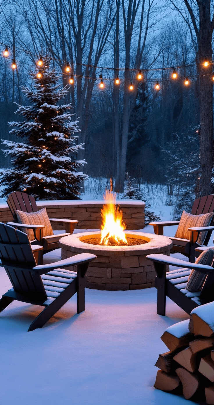 Cozy winter garden with a glowing stone fire pit surrounded by Adirondack chairs, illuminated by warm firelight against a cool twilight backdrop, adorned with string lights and complemented by a stack of firewood.