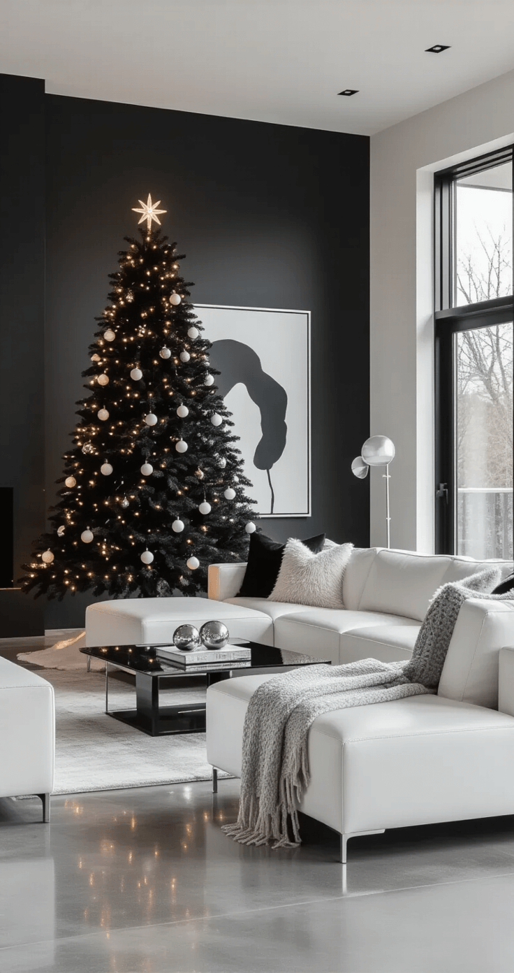 Black Christmas Trees: How I Created the Most Dramatic Holiday Display Ever Elegant living room corner featuring a 6.5-foot black Christmas tree with white ornaments and LED lights, modern white leather sectional, contemporary glass side table, and large abstract artwork, all in a softly lit space with polished concrete floors and a charcoal accent wall.