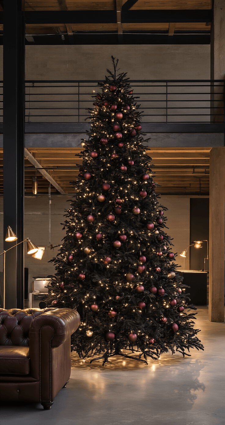 Black Christmas Trees: How I Created the Most Dramatic Holiday Display Ever Dramatic nighttime scene featuring a tall black Christmas tree adorned with deep burgundy and bronze ornaments, illuminated by warm white lights in a contemporary open-concept space with industrial elements. A leather Chesterfield sofa in cognac brown complements the moody atmosphere created by strategically positioned brass floor lamps.