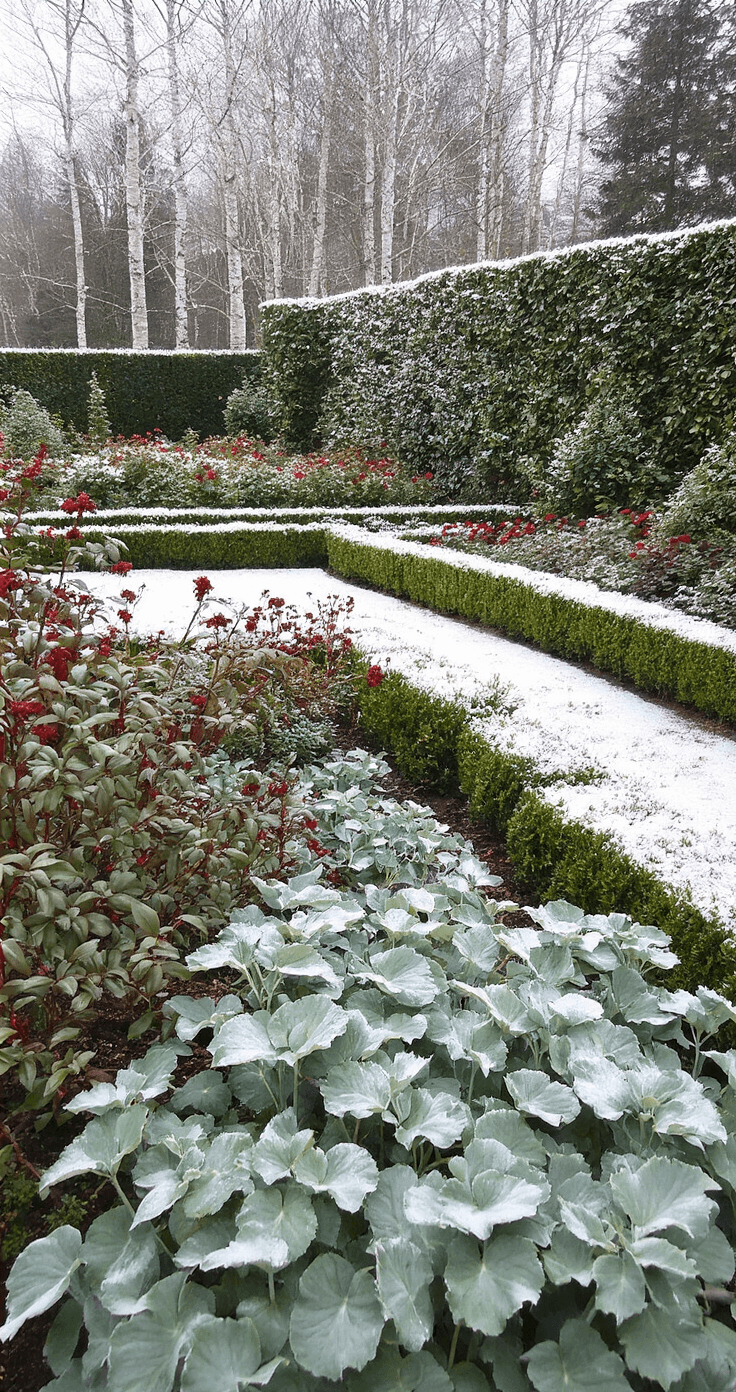 Artfully composed winter garden scene featuring snowy silvery-gray Lamb's Ear foliage, rich evergreen Yew hedging, and a white-barked Birch grove, accented by burgundy-red rose hips, all captured in harmonious colors under overcast lighting.